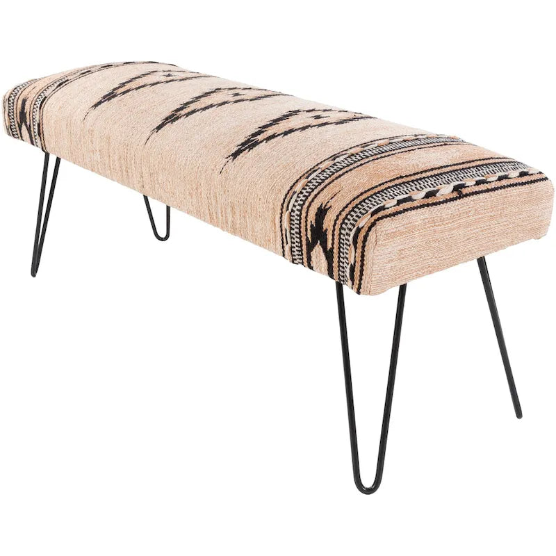 Banco tapizado estilo suroeste en crema y azul oscuro, asientos para 1-2 personas