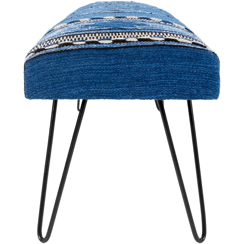 Banco tapizado estilo suroeste en crema y azul oscuro, asientos para 1-2 personas