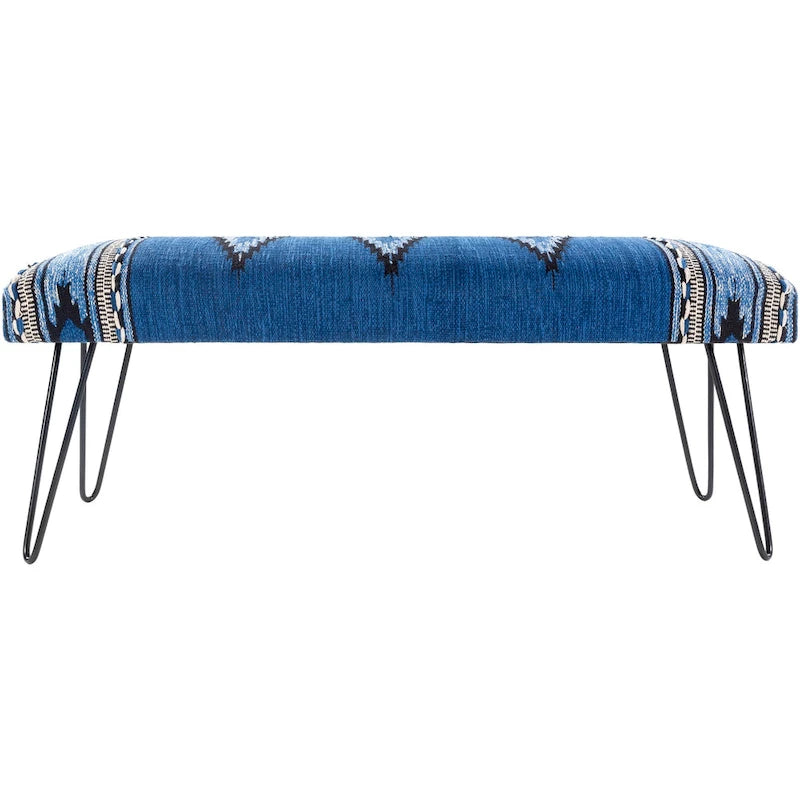 Banco tapizado estilo suroeste en crema y azul oscuro, asientos para 1-2 personas