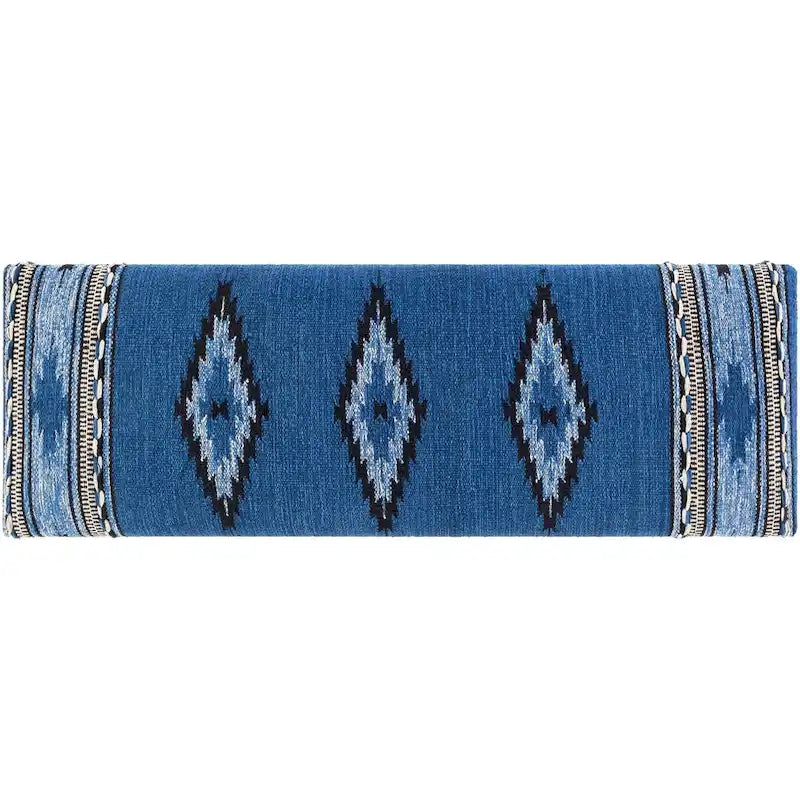 Banco tapizado estilo suroeste en crema y azul oscuro, asientos para 1-2 personas
