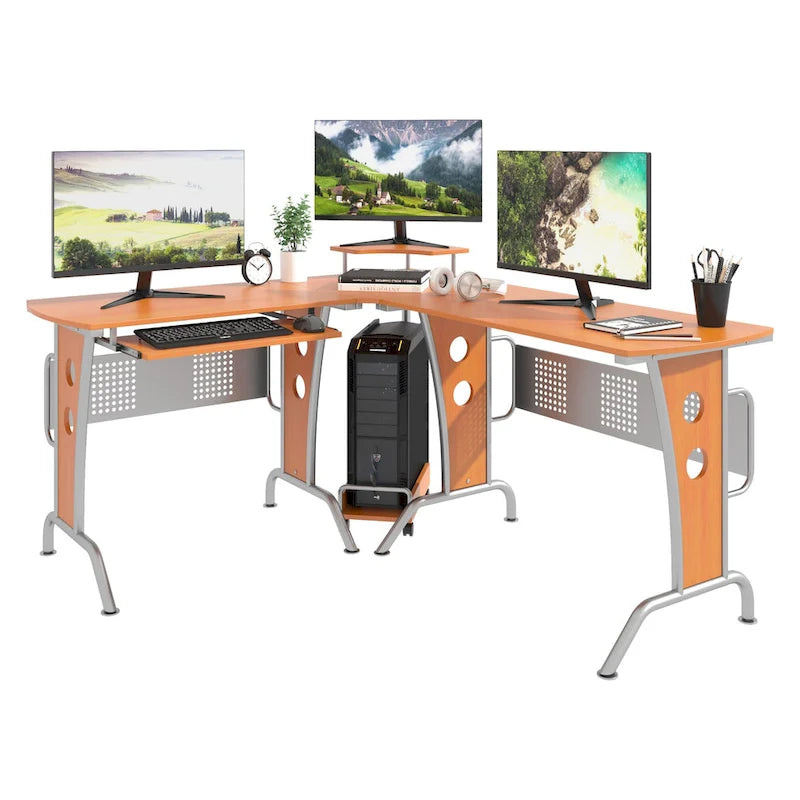 Escritorio esquinero en forma de L marrón con bandeja para teclado y soporte para CPU, 1 persona