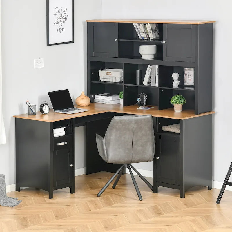 Escritorio esquinero en forma de L, negro/marrón, con estantería y almacenamiento, 1 persona