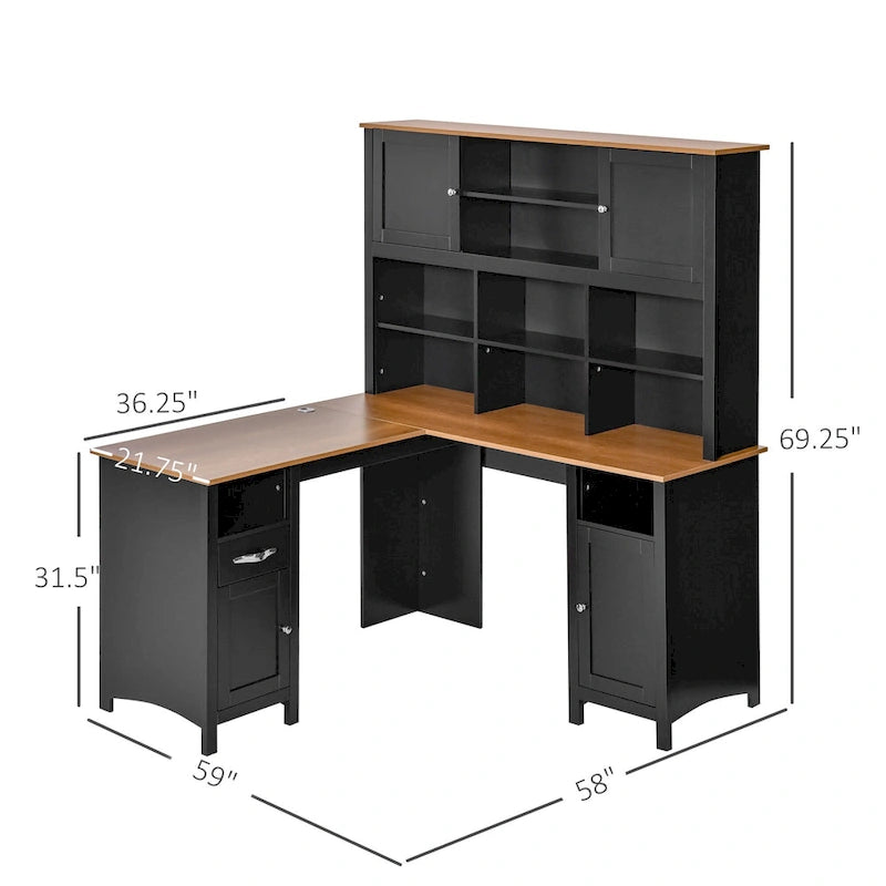 Escritorio esquinero en forma de L, negro/marrón, con estantería y almacenamiento, 1 persona