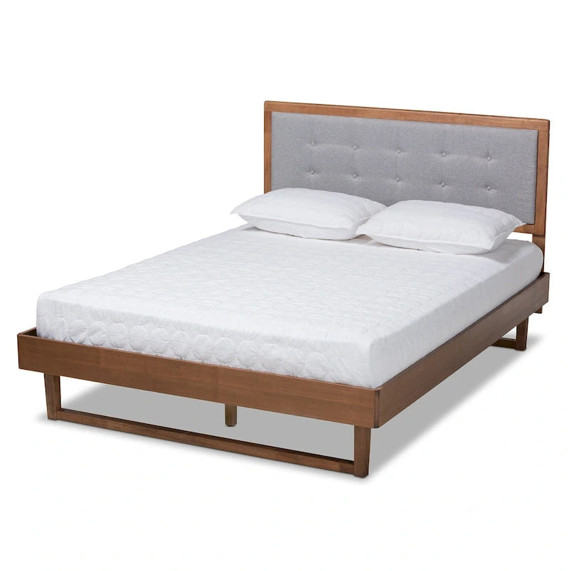 Cama de Plataforma Gris Claro y Nogal, Estilo Moderno, Matrimonial/Queen/King (para 1–2 personas)