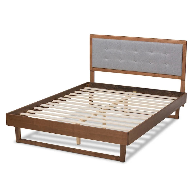 Cama de Plataforma Gris Claro y Nogal, Estilo Moderno, Matrimonial/Queen/King (para 1–2 personas)