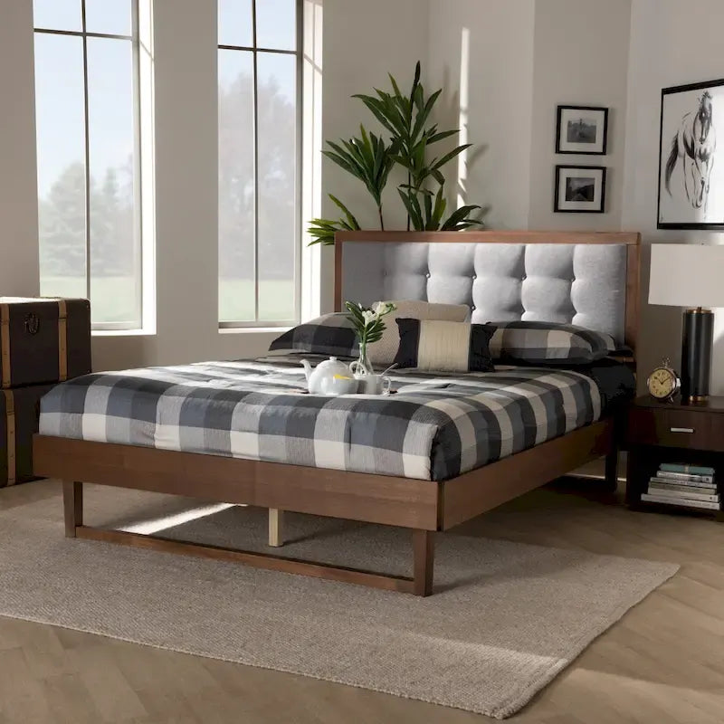 Cama de Plataforma Gris Claro y Nogal, Estilo Moderno, Matrimonial/Queen/King (para 1–2 personas)