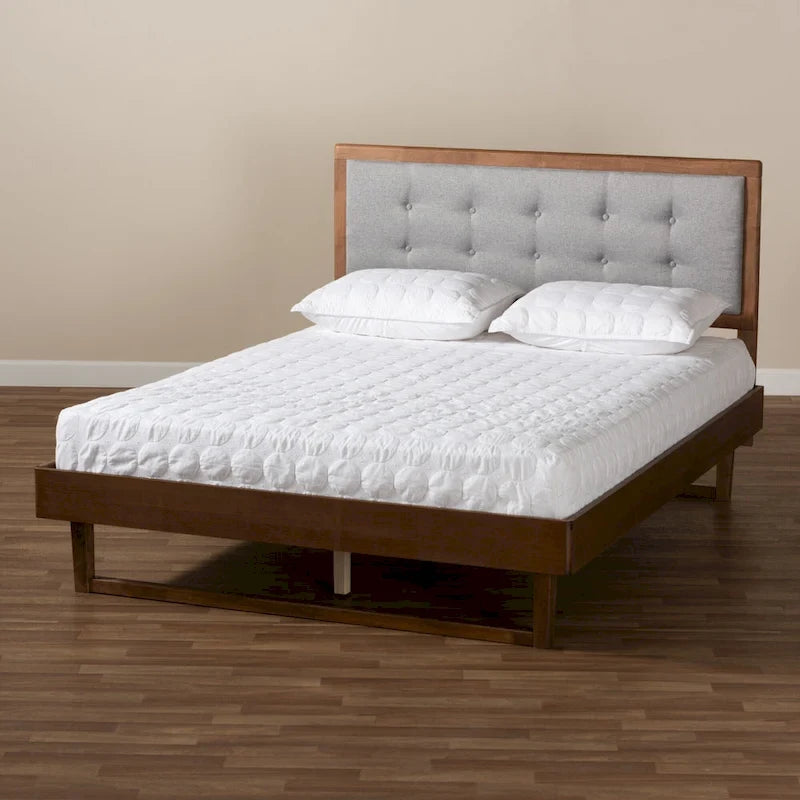 Cama de Plataforma Gris Claro y Nogal, Estilo Moderno, Matrimonial/Queen/King (para 1–2 personas)