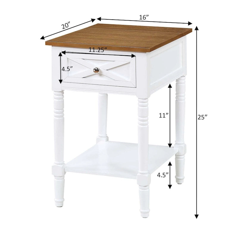 Mesa auxiliar rústica blanca/Driftwood con estación de carga, 1 cajón