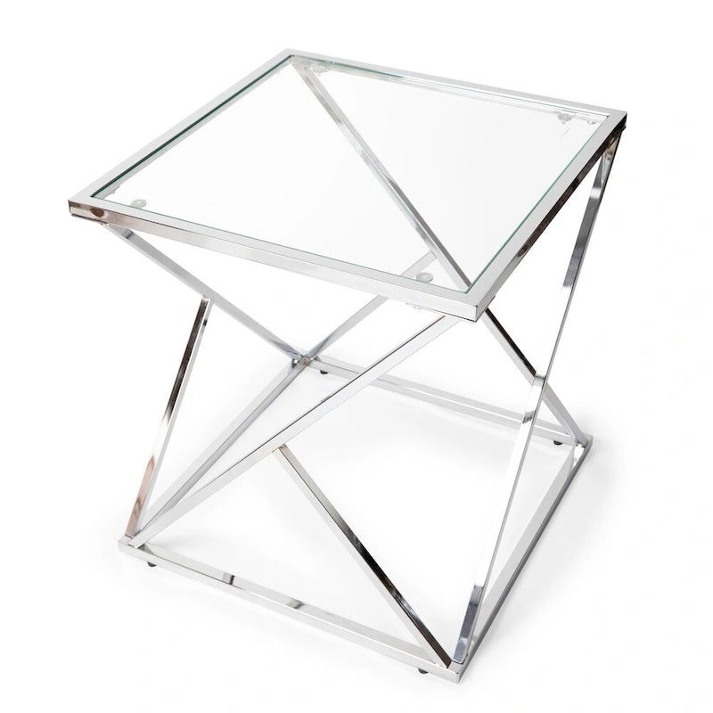 Mesa auxiliar cuadrada plateada con tapa de cristal transparente, uso para 1 persona