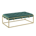 Puf rectangular tapizado de terciopelo con base metálica dorada – Verde / Beige / Azul