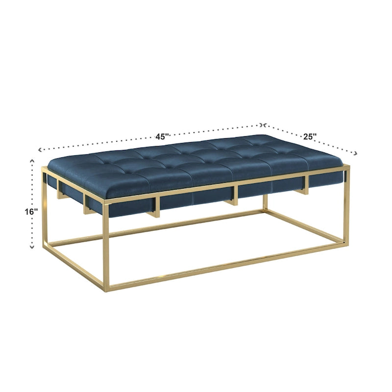 Puf rectangular tapizado de terciopelo con base metálica dorada – Verde / Beige / Azul