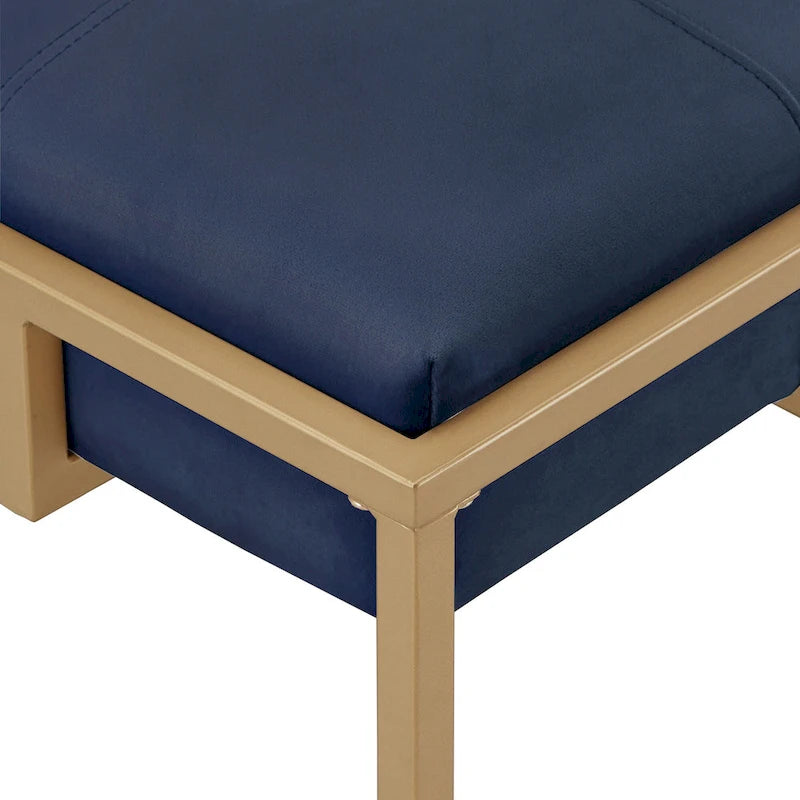 Puf rectangular tapizado de terciopelo con base metálica dorada – Verde / Beige / Azul