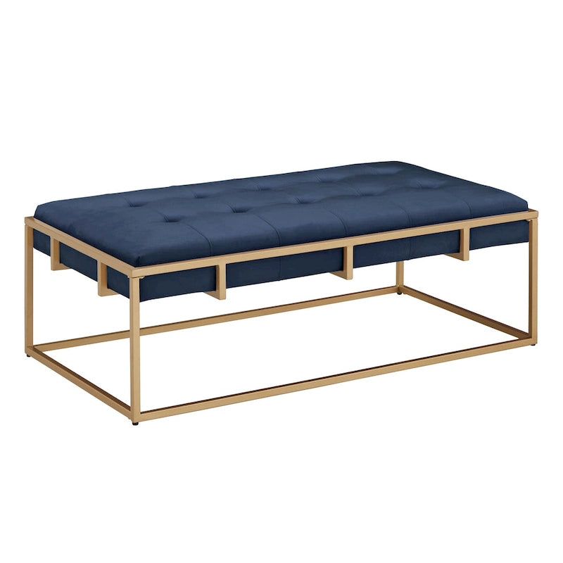 Puf rectangular tapizado de terciopelo con base metálica dorada – Verde / Beige / Azul