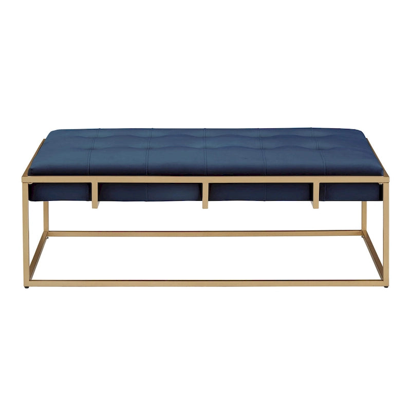 Puf rectangular tapizado de terciopelo con base metálica dorada – Verde / Beige / Azul
