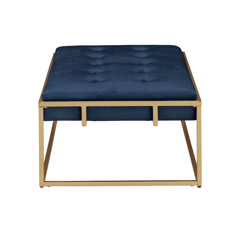 Puf rectangular tapizado de terciopelo con base metálica dorada – Verde / Beige / Azul