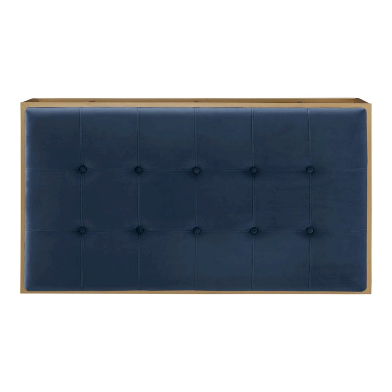 Puf rectangular tapizado de terciopelo con base metálica dorada – Verde / Beige / Azul