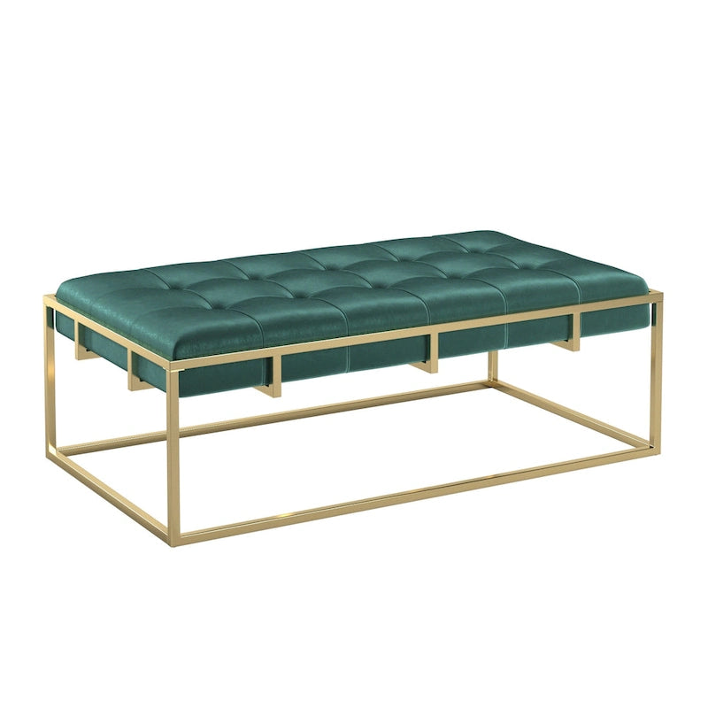 Puf rectangular tapizado de terciopelo con base metálica dorada – Verde / Beige / Azul