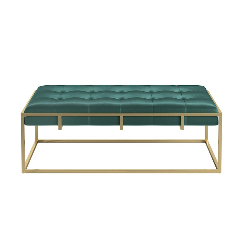 Puf rectangular tapizado de terciopelo con base metálica dorada – Verde / Beige / Azul