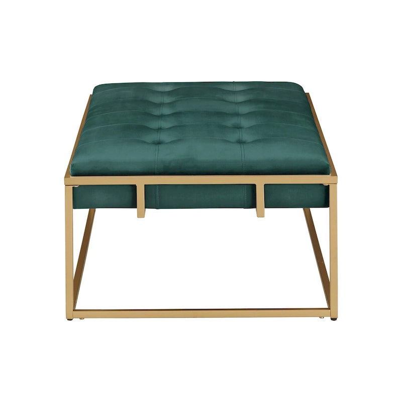 Puf rectangular tapizado de terciopelo con base metálica dorada – Verde / Beige / Azul