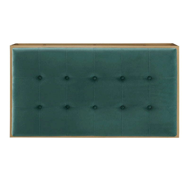 Puf rectangular tapizado de terciopelo con base metálica dorada – Verde / Beige / Azul
