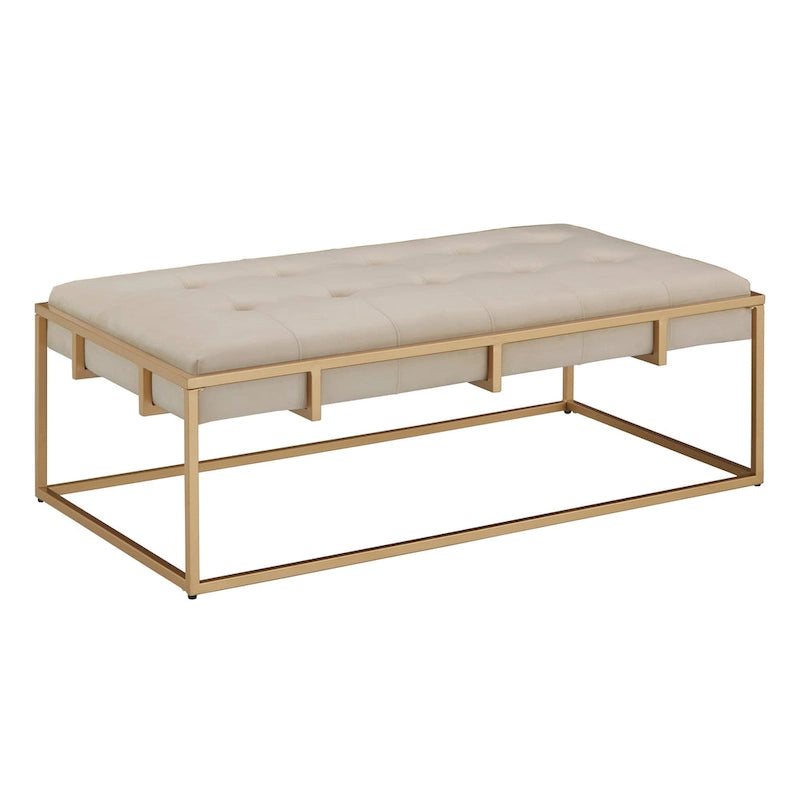 Puf rectangular tapizado de terciopelo con base metálica dorada – Verde / Beige / Azul