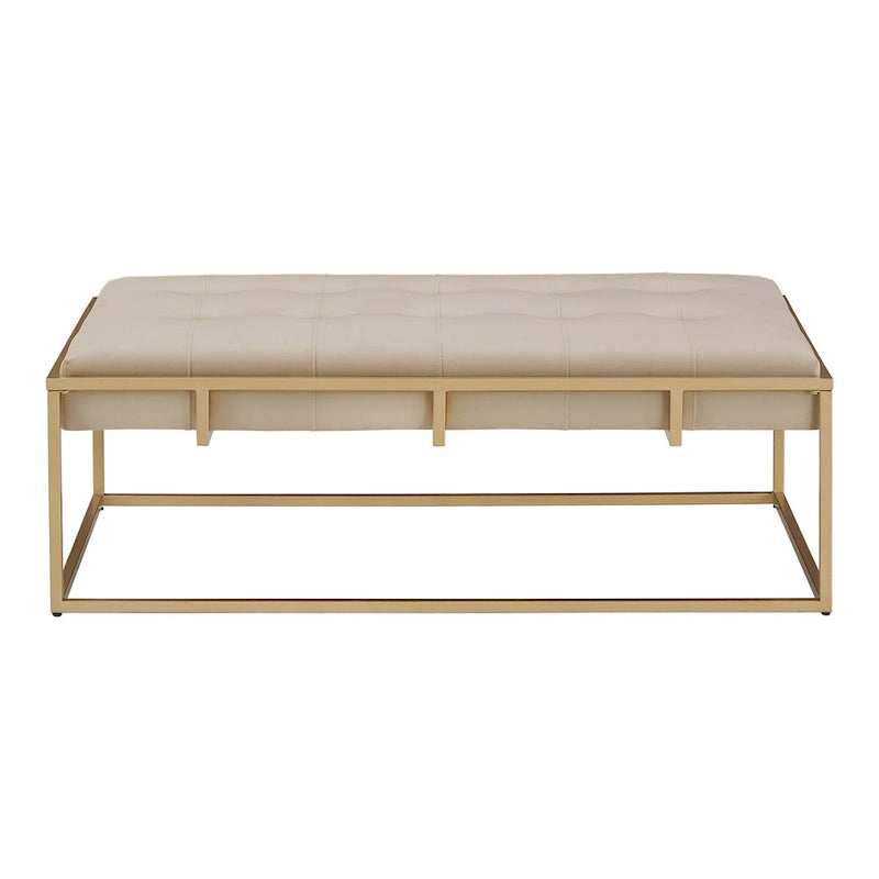 Puf rectangular tapizado de terciopelo con base metálica dorada – Verde / Beige / Azul