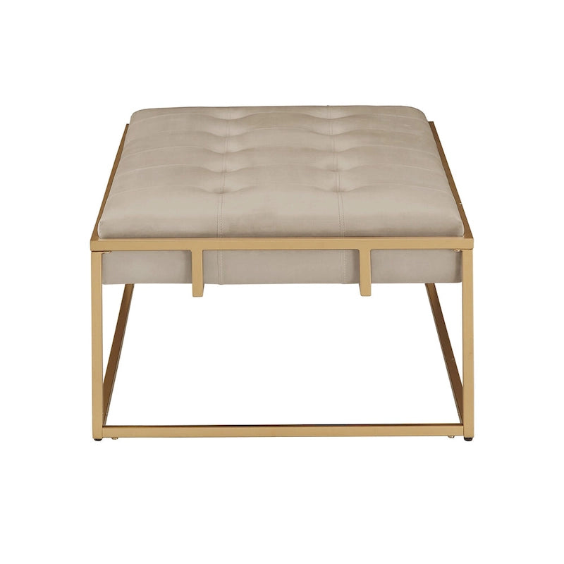 Puf rectangular tapizado de terciopelo con base metálica dorada – Verde / Beige / Azul