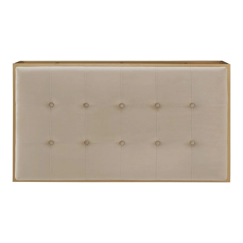 Puf rectangular tapizado de terciopelo con base metálica dorada – Verde / Beige / Azul