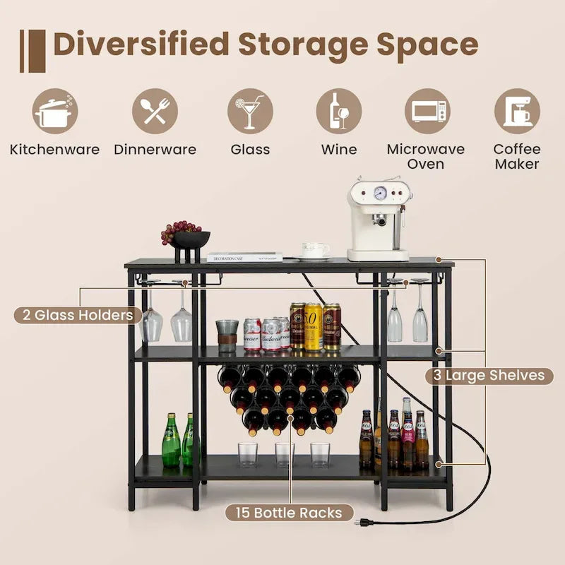 Botellero de cocina marrón con estación de carga, 3 estantes, 15 botellas