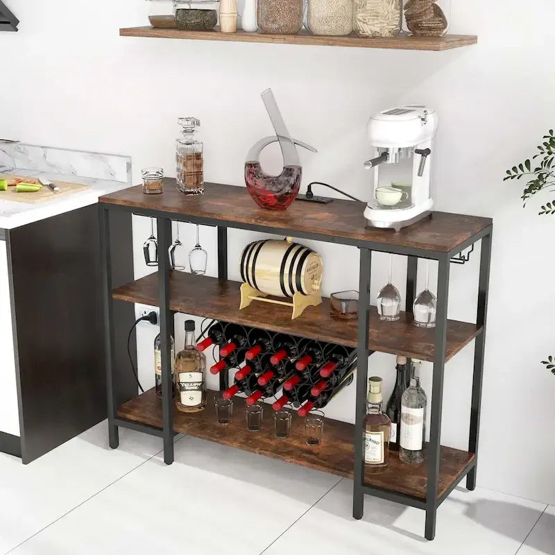 Botellero de cocina marrón con estación de carga, 3 estantes, 15 botellas