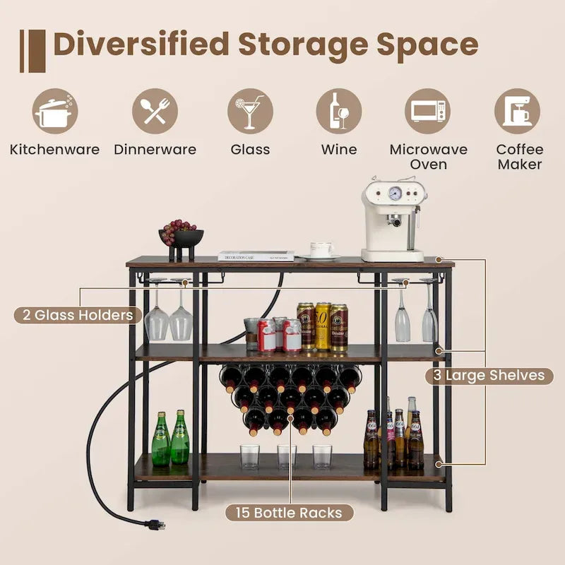 Botellero de cocina marrón con estación de carga, 3 estantes, 15 botellas