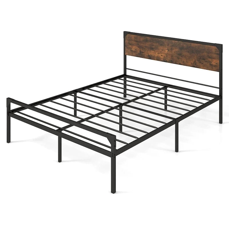 Cama de plataforma rústica marrón y negra con cabecera y piecera, tamaño Full/Queen