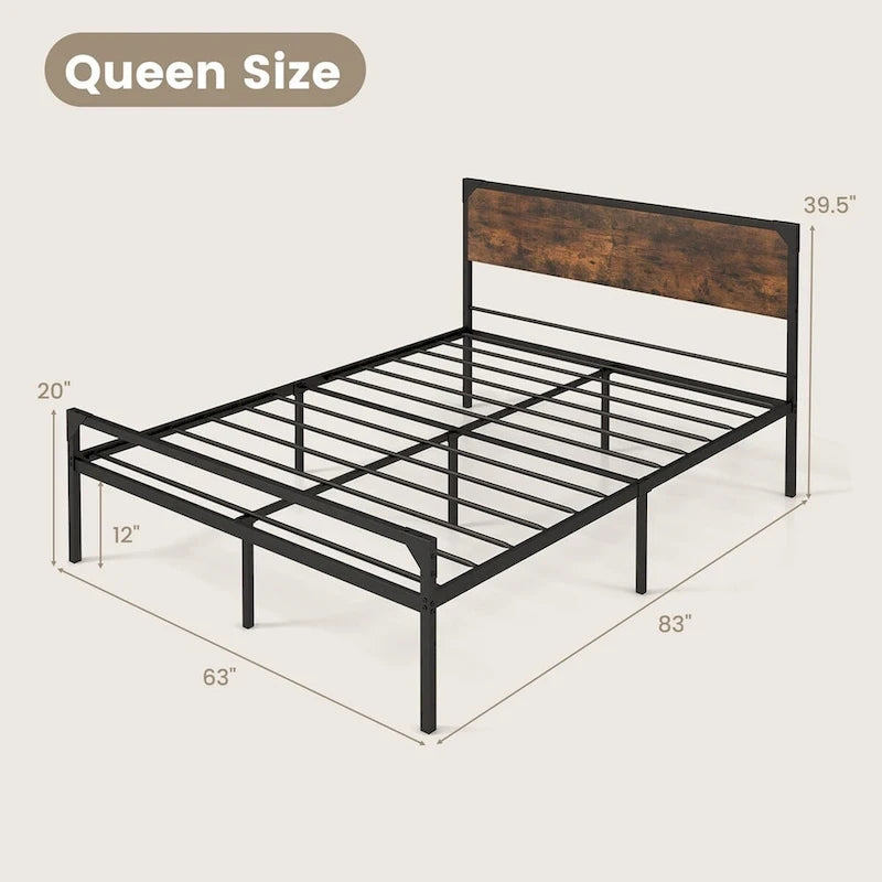 Cama de plataforma rústica marrón y negra con cabecera y piecera, tamaño Full/Queen