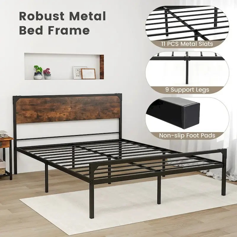 Cama de plataforma rústica marrón y negra con cabecera y piecera, tamaño Full/Queen