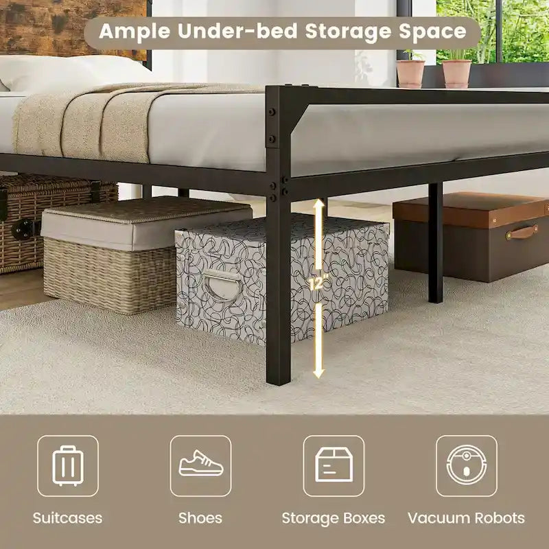 Cama de plataforma rústica marrón y negra con cabecera y piecera, tamaño Full/Queen