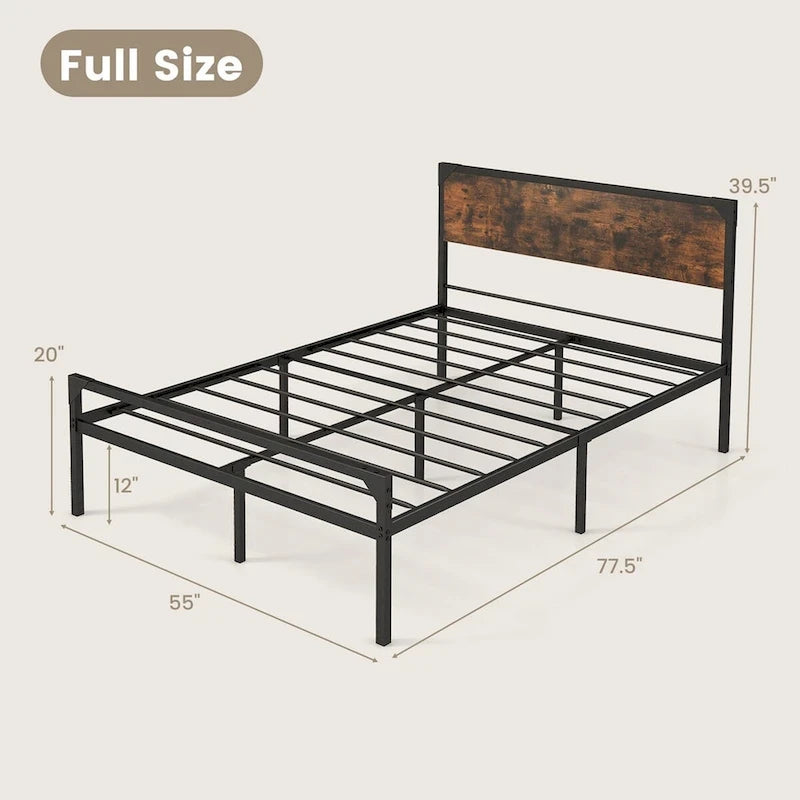 Cama de plataforma rústica marrón y negra con cabecera y piecera, tamaño Full/Queen