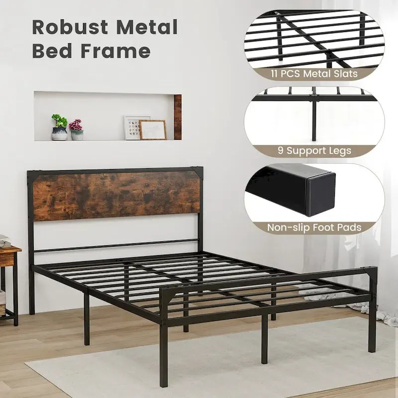 Cama de plataforma rústica marrón y negra con cabecera y piecera, tamaño Full/Queen