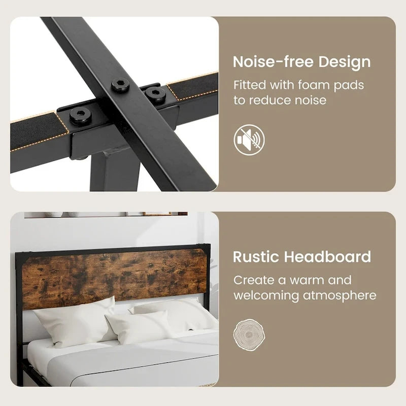 Cama de plataforma rústica marrón y negra con cabecera y piecera, tamaño Full/Queen