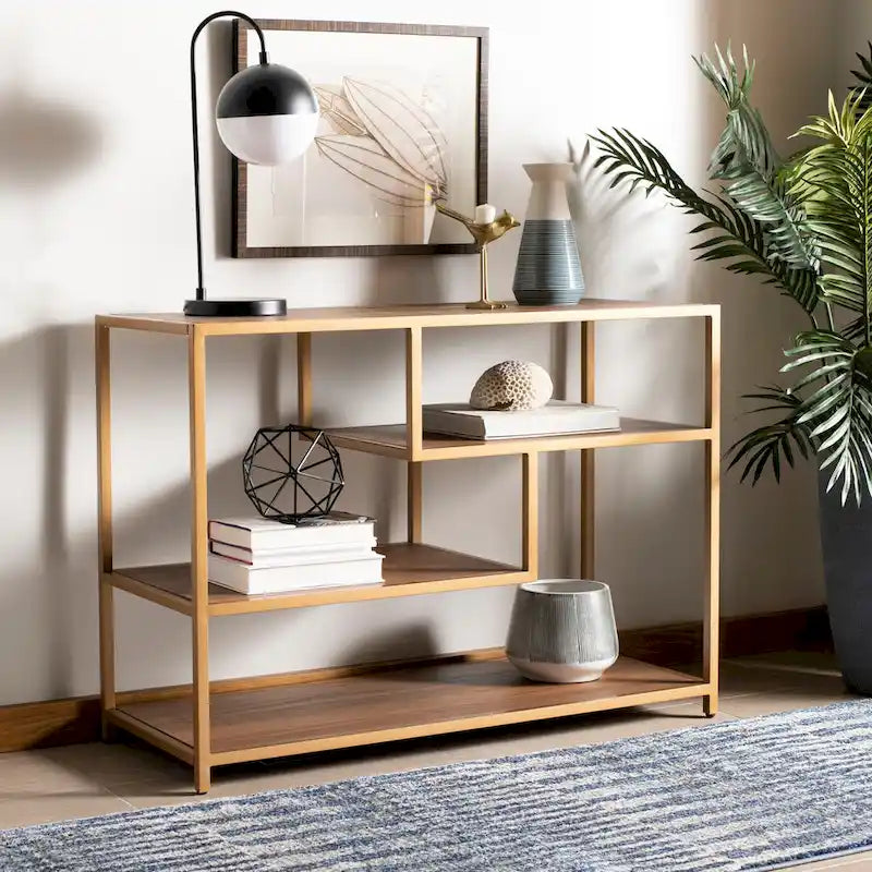 Mesa Consola Geométrica, Nogal/Negro/Beige, 42" An. – Requiere Montaje por 1 Persona