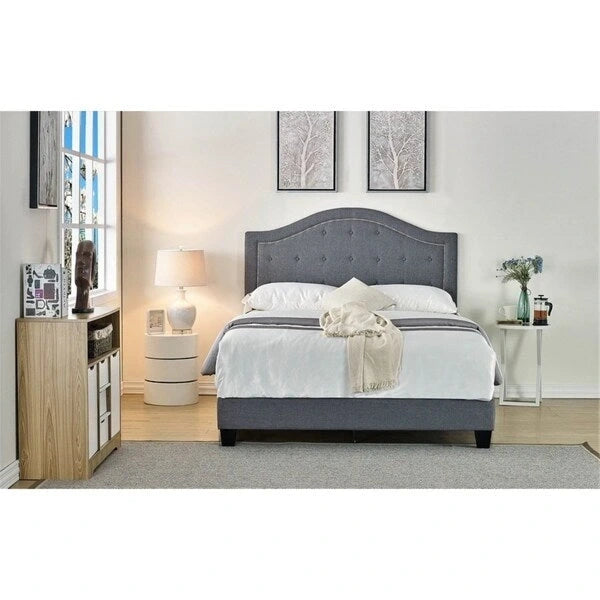 Cama panel tapizada en beige/gris, capitoné, 1 persona