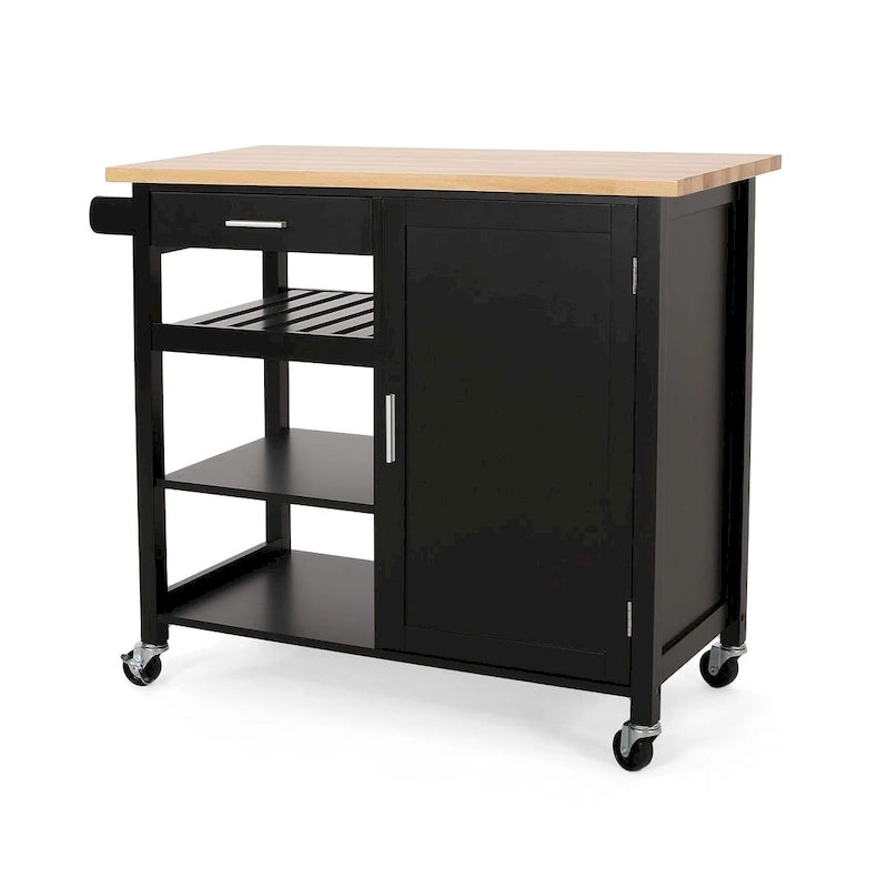 Carro de cocina moderno con ruedas, cajón y armario, negro/gris/blanco