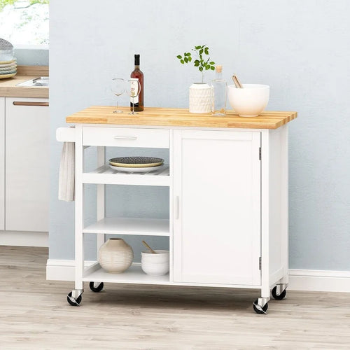 Carro de cocina moderno con ruedas, cajón y armario, negro/gris/blanco