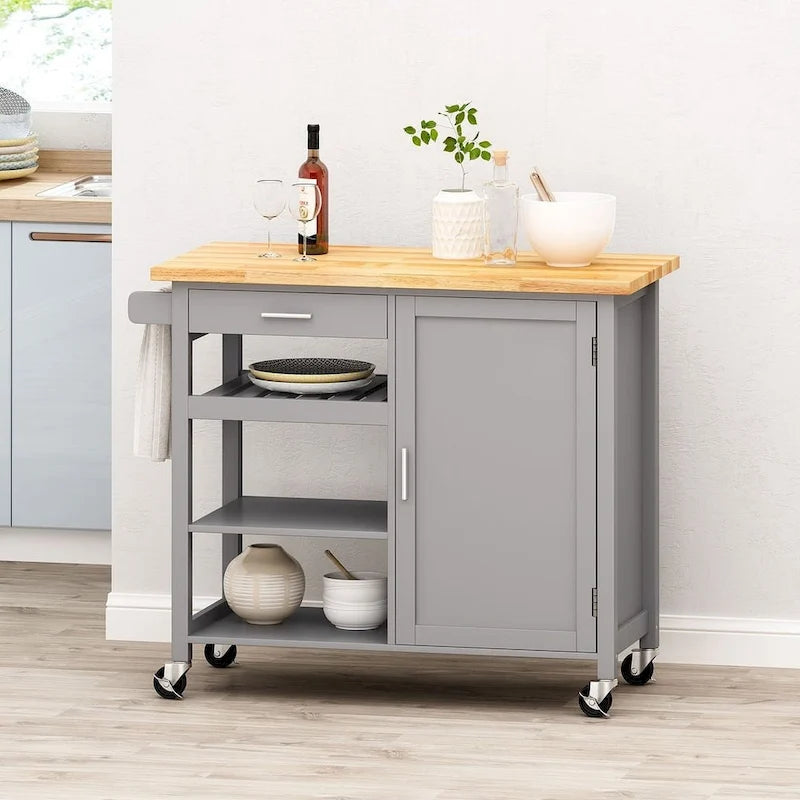 Carro de cocina moderno con ruedas, cajón y armario, negro/gris/blanco