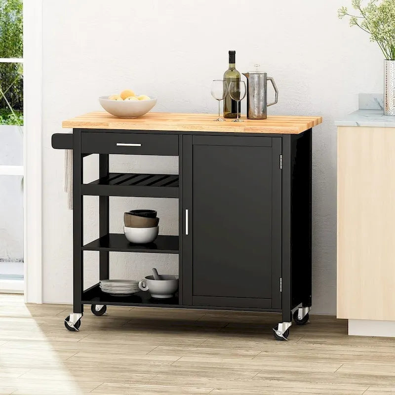 Carro de cocina moderno con ruedas, cajón y armario, negro/gris/blanco