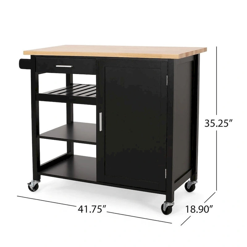 Carro de cocina moderno con ruedas, cajón y armario, negro/gris/blanco