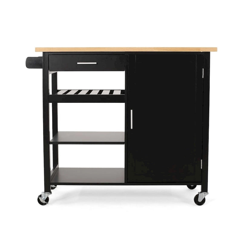 Carro de cocina moderno con ruedas, cajón y armario, negro/gris/blanco