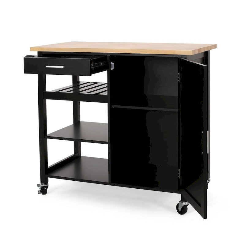 Carro de cocina moderno con ruedas, cajón y armario, negro/gris/blanco