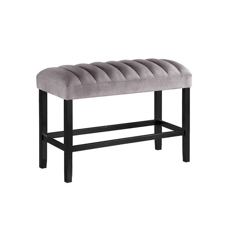 Banco tapizado gris y negro, altura de mostrador, capacidad para 3 personas