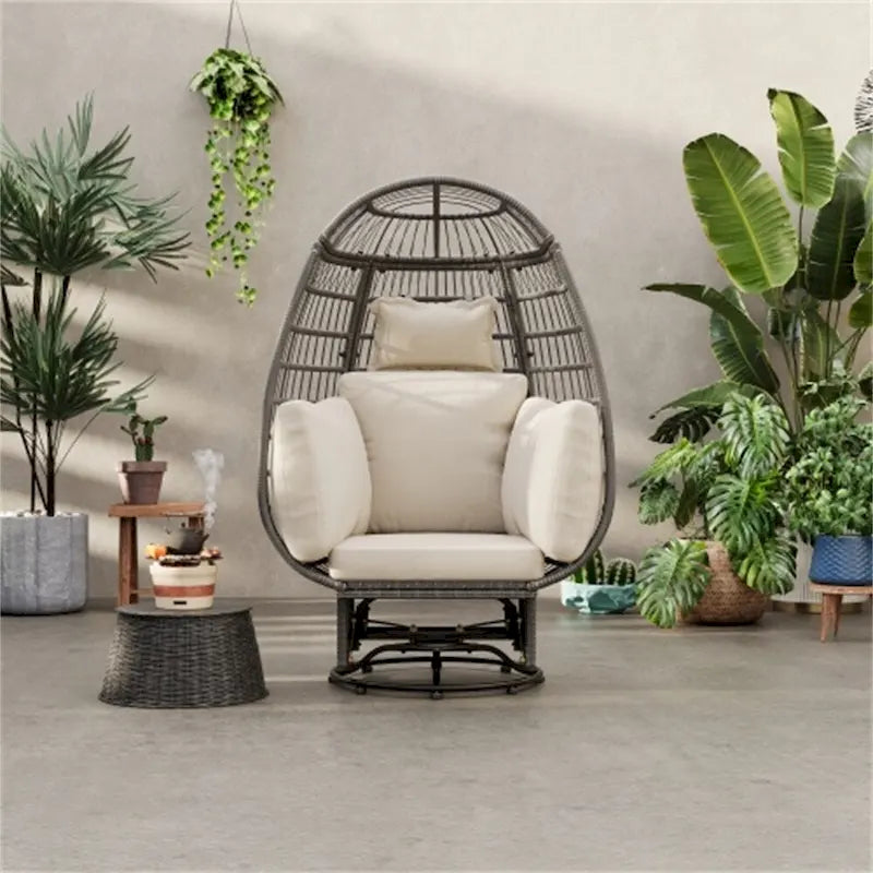 Sillón Huevo de Ratán Beige Natural / Gris – Giratorio y Balancín, Asiento Individual