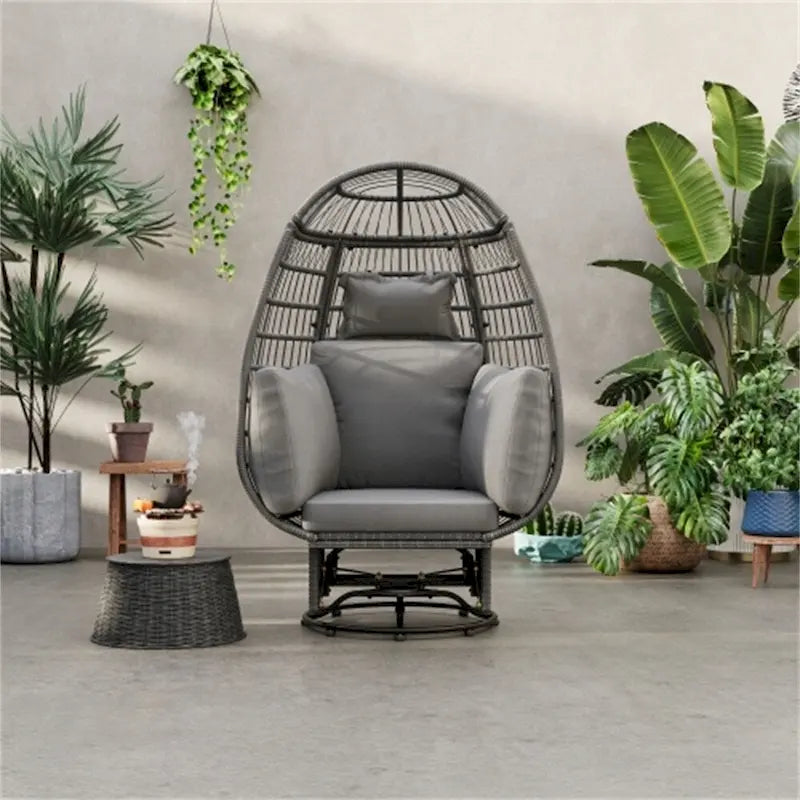 Sillón Huevo de Ratán Beige Natural / Gris – Giratorio y Balancín, Asiento Individual